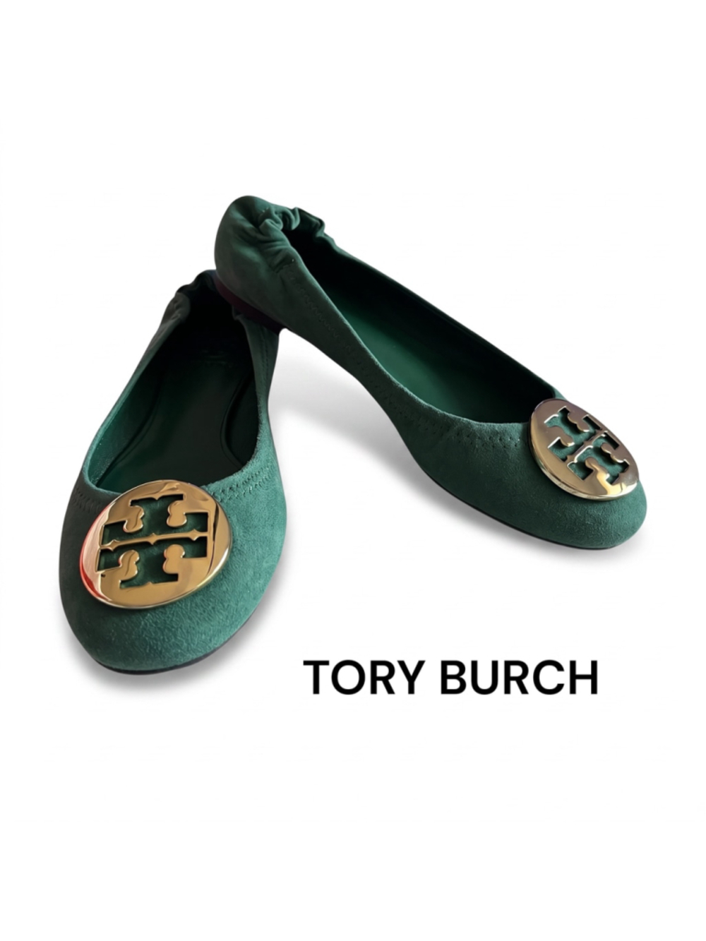 Tory Burch REVA Suede Ballet Flats in Green and Gold NIB 6.5